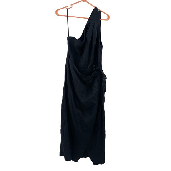 NEW ANTHROPOLOGIE Dress Size 10 NWOT One Shoulder 100% Linen Black Faux Wrap - Picture 4 of 16